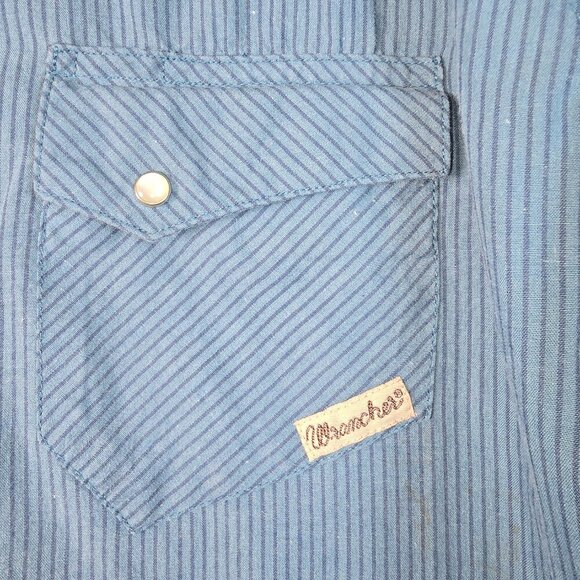 WRANGLER MENS BUTTON DOWN SHIRT SHORT SLEEVE PEARL SNAPS BLUE ON BLUE STRIPE XL - Picture 6 of 6